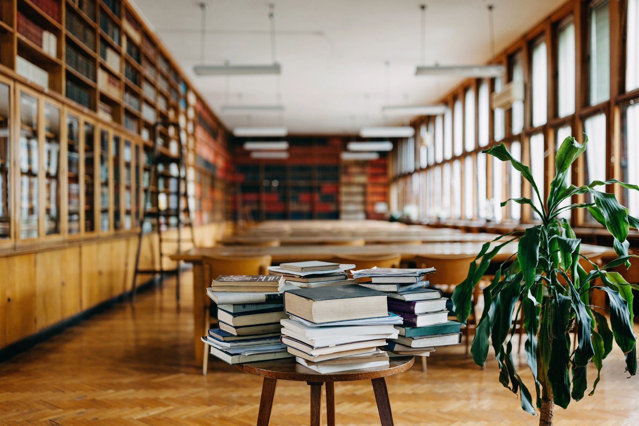 Stack of books on a library table
