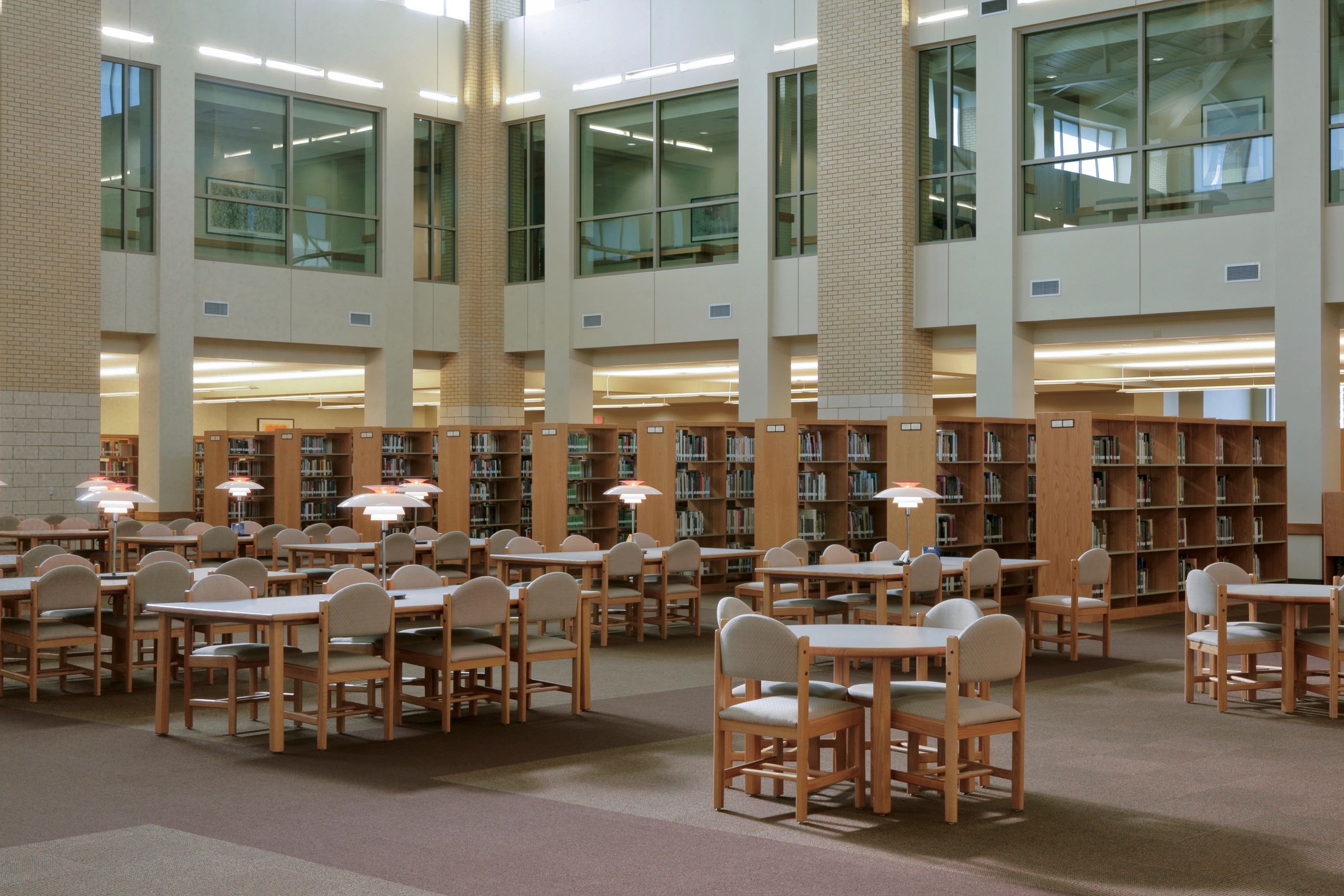 College library shelves and study area